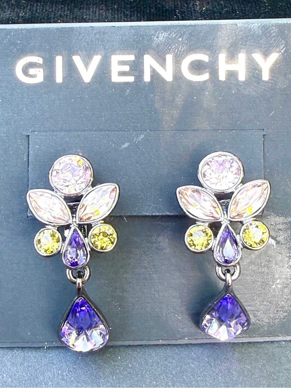Givenchy Black Gold silver Tone Rose Amethyst, Champagne Crystal Drop Earrings